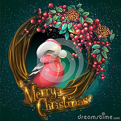 Merry Christmas wreath of vines ash berry and bullfinch Vector Illustration