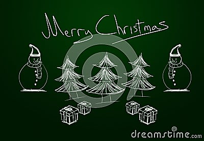 Merry Christmas written chalkboard with three pine trees, two snowmen and gift packages Stock Photo