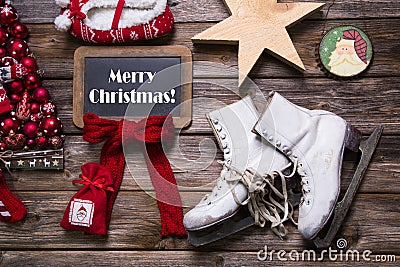 Merry Christmas: xmas greeting card in red, white colors on wood Stock Photo