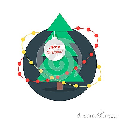 Merry christmas with xmas tree and garlands Vector Illustration