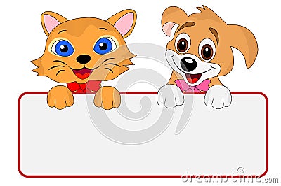 Merry dog and cat hold a clean banner Vector Illustration