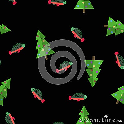 Merry Fishmas seamless repeating pattern with a sockeye salmon rainbow trout and a Christmas tree. Flat design style Stock Photo