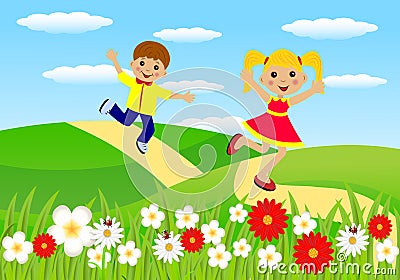 Merry girl and boy hurry on a path Vector Illustration