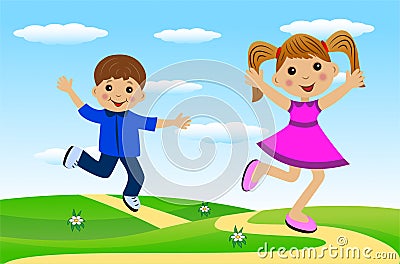 Merry girl and boy hurry on a path Vector Illustration