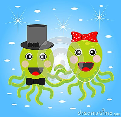 Merry girl and boy octopuses Vector Illustration