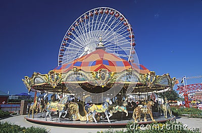 Merry Go Round and Ferris Wheel, Navy Pier, Chicago, Illinois Editorial Stock Photo