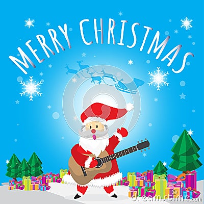 Santa Hello Guitar and Merry Christmas Blues Background Tree and Gift Cartoon Vector Illustration