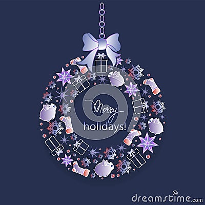 Merry holidays! Christmas wreath with gifts, piggy, socks, snowflakes and ice stars. Vector Illustration