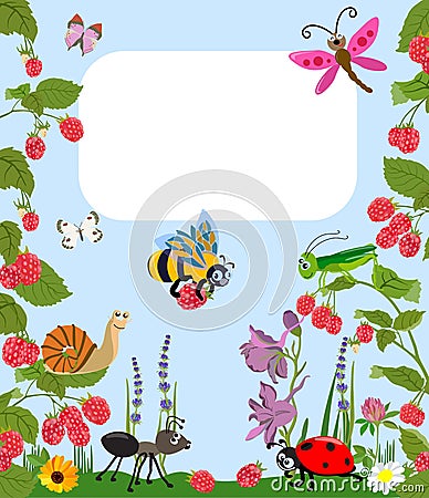 Merry insects Animal cartoon with berries and flowers. Vector illustration. Vector Illustration