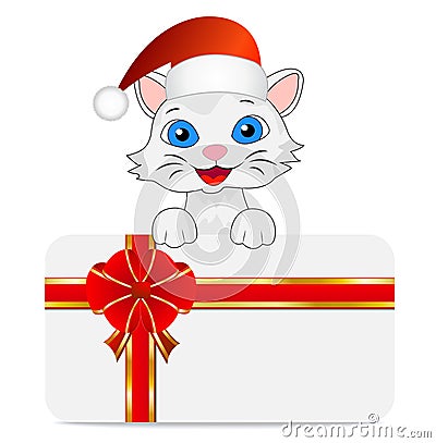 Merry kitten in a christmas cap and greeting-card Vector Illustration