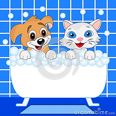 Merry kitten and dog bath in bath Vector Illustration