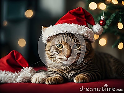 Merry Minis: Little Cat's Christmas Wonderland in a Santa Hat Stock Photo