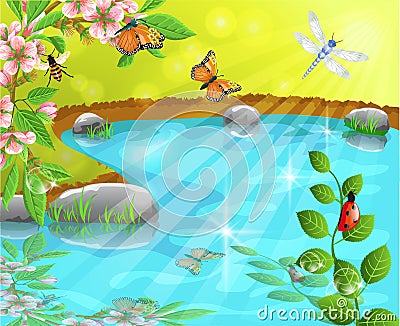 Merry pond in the spring Vector Illustration