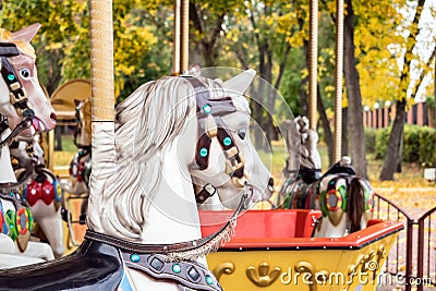 A merry-round-go Carousel Horse close up in Autumn park. Old woo Stock Photo