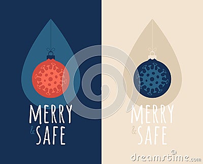 Merry and safe Christmas ball with sanitizer drop. Isolated set cartoon ball and water drop with text Merry Christmas. Outbreak Vector Illustration
