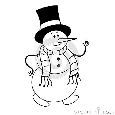 A merry snowman in a top hat and a scarf shows a thumbs up like on Christmas. Cartoon Illustration