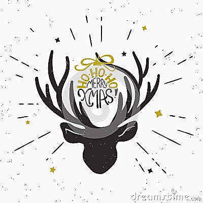 Merry xmas with deer black head silhouette Vector Illustration