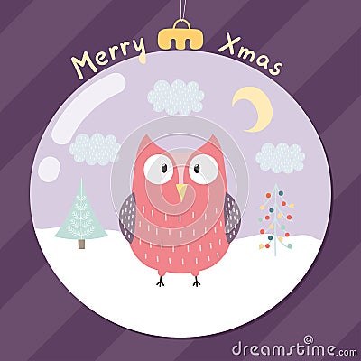 Merry Xmas greeting card with a cute owl Vector Illustration