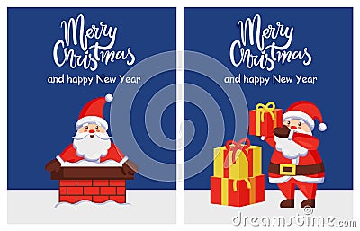 Merry Xmas Happy New Year Posters Santa Chimney Vector Illustration