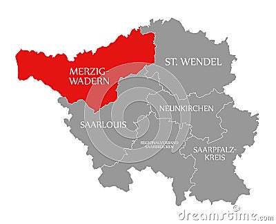 Merzig-Wadern red highlighted in map of Saarland Germany DE Cartoon Illustration