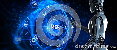 MES Manufacturing Execution System Optimizing Production Processes Illustrated with a Robot Pressing a Button on a Virtual Screen Stock Photo