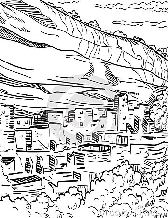 Mesa Verde National Park in Colorado with Puebloan Cliff Dwellings Woodcut Black and White Vector Illustration