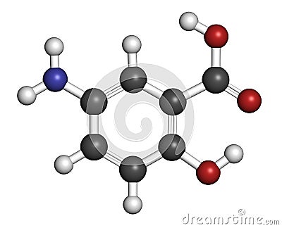 Mesalazine mesalamine, 5-aminosalicylic acid inflammatory bowel disease drug molecule. Atoms are represented as spheres with. Stock Photo