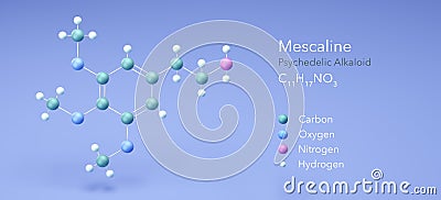 Mescalin, psychedelic alkaloid. Molecular structure 3d rendering, Structural Chemical Formula and Atoms with Color Coding, 3d Stock Photo