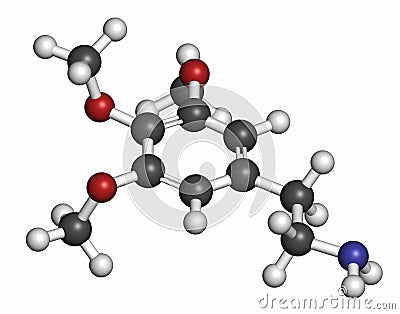 Mescaline peyote cactus psychedelic molecule, 3D rendering. Atoms are represented as spheres with conventional color coding:. Stock Photo