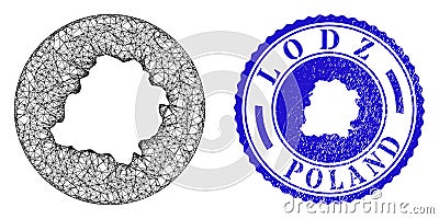 Mesh Carcass Hole Lodz Voivodeship Map and Scratched Round Stamp Vector Illustration