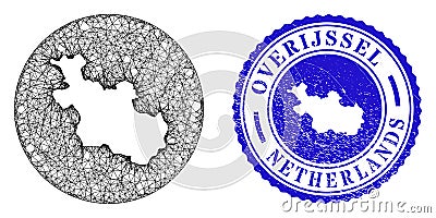 Mesh Carcass Stencil Overijssel Province Map and Distress Round Stamp Seal Vector Illustration