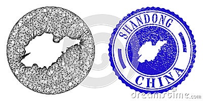 Mesh 2D Hole Shandong Province Map and Grunge Circle Stamp Seal Vector Illustration