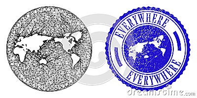 Mesh 2D Inverted World Map and Grunge Circle Stamp Vector Illustration