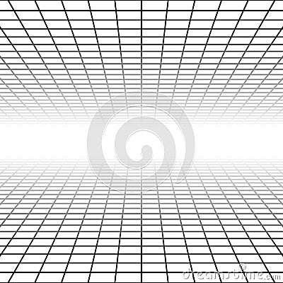 Mesh, grid in perspective vanish, diminish to distant horizon. Virtual 3D space render. Skyline converge abstract background. Vector Illustration