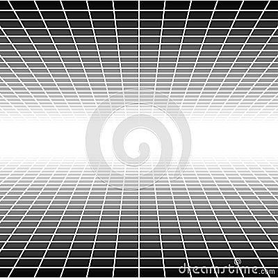 Mesh, grid in perspective vanish, diminish to distant horizon. Virtual 3D space render. Skyline converge abstract background. Vector Illustration