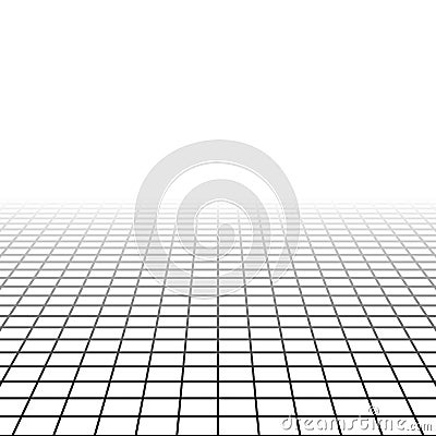 Mesh, grid in perspective vanish, diminish to distant horizon. Virtual 3D space render. Skyline converge abstract background. Vector Illustration