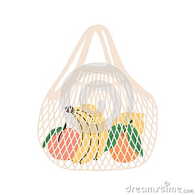 Mesh or net bag full of fruits isolated on white background. Modern shopper with fresh organic bananas, peaches, oranges Vector Illustration