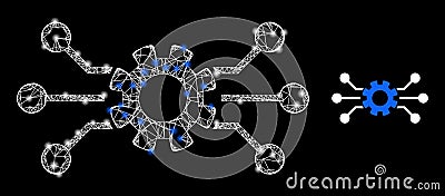 Hatched Circuit Gear Mesh Icon with Glare Lightspots Vector Illustration