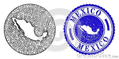 Mesh Net Hole Mexico Map and Grunge Circle Stamp Seal Vector Illustration