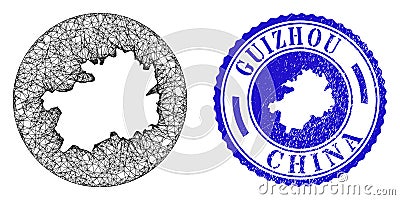 Mesh Net Inverted Guizhou Province Map and Distress Round Seal Vector Illustration