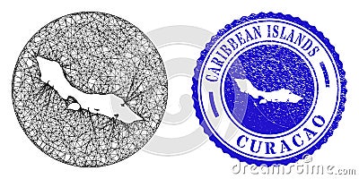 Mesh Net Stencil Curacao Island Map and Scratched Round Seal Vector Illustration