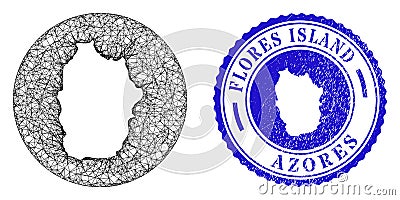 Mesh Network Stencil Flores Island of Azores Map and Distress Round Stamp Seal Vector Illustration