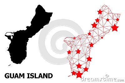 Mesh Polygonal Map of Guam Island with Red Stars Vector Illustration