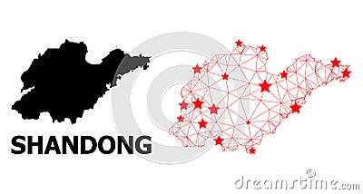 Mesh Polygonal Map of Shandong Province with Red Stars Vector Illustration
