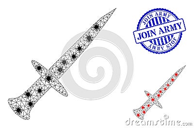 Wireframe Mesh Sword Icons with Virus Parts and Rubber Round Join Army Stamp Vector Illustration