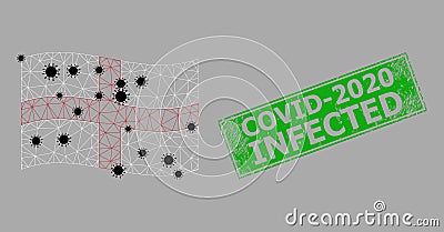 Distress Covid-2020 Infected Stamp Seal and Wire Frame Mesh Waving England Flag with Infection Items Vector Illustration