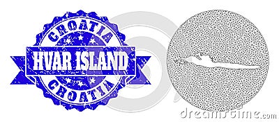 2D Mesh Round Stencils Map of Hvar Island with Scratched Stamp Stock Photo