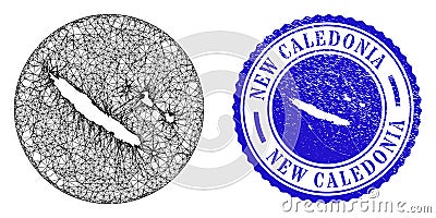 Mesh Wire Frame Hole New Caledonia Islands Map and Distress Circle Seal Vector Illustration