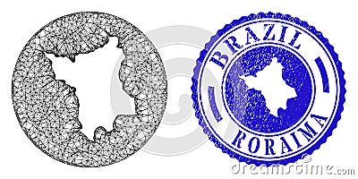 Mesh Wire Frame Hole Roraima State Map and Scratched Round Seal Vector Illustration