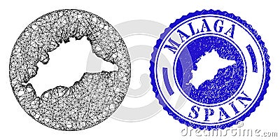 Mesh Wire Frame Inverted Malaga Province Map and Grunge Circle Stamp Vector Illustration